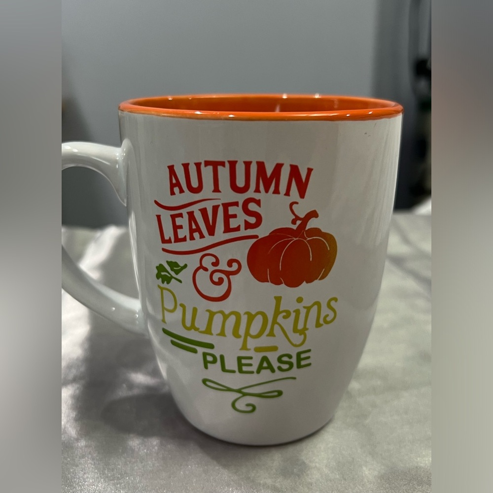 Autumn Leaves & Pumpkins Please Ceramic Mug 16 oz Orange & Green lettering